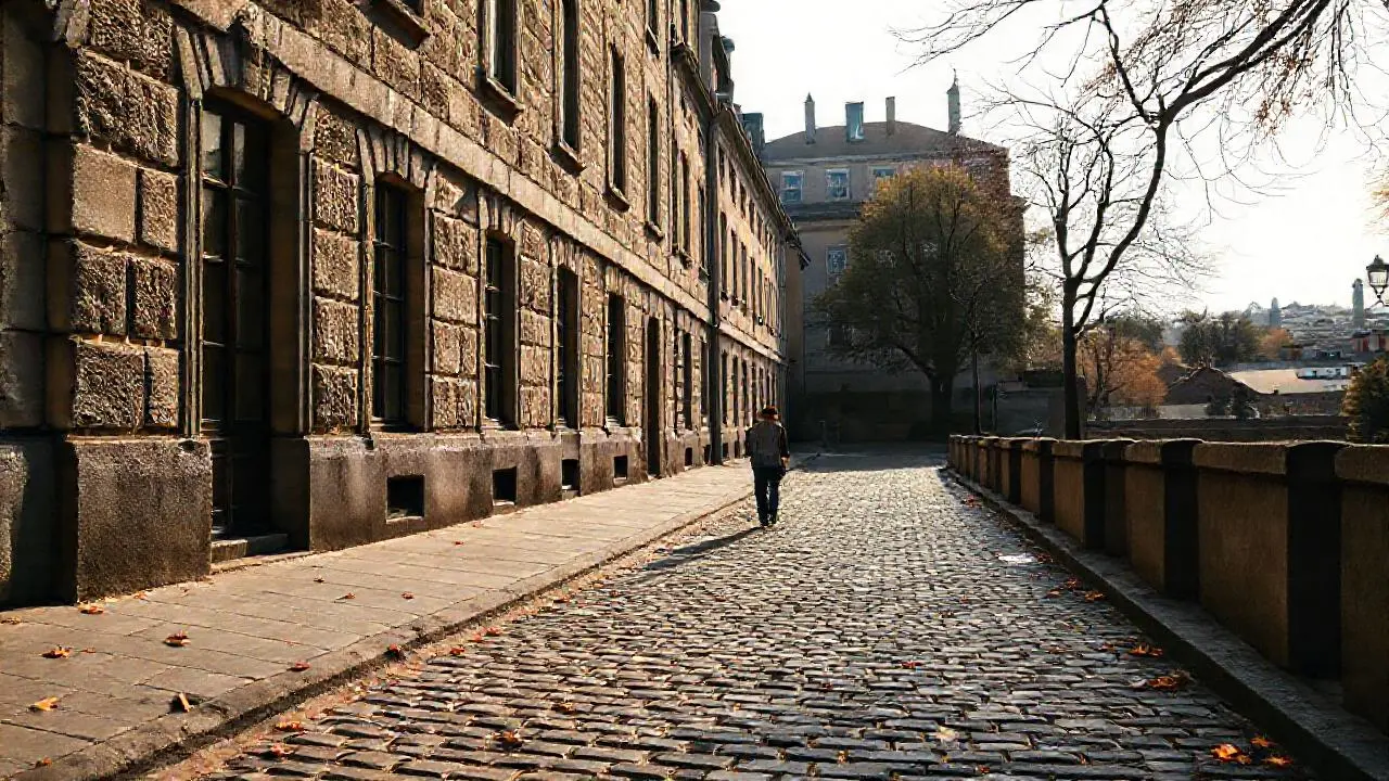 Fachada urbana antigua, tranquila y luminosa