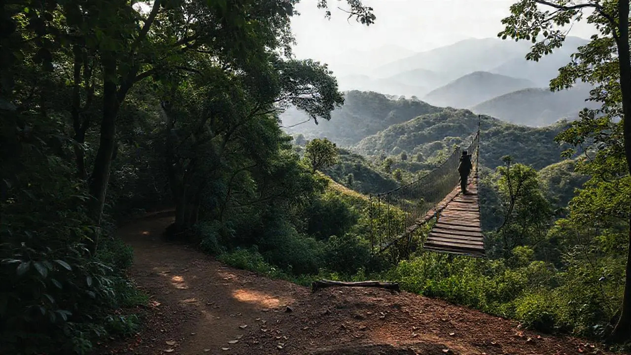 Bosque profundo, sendero y figura solitaria