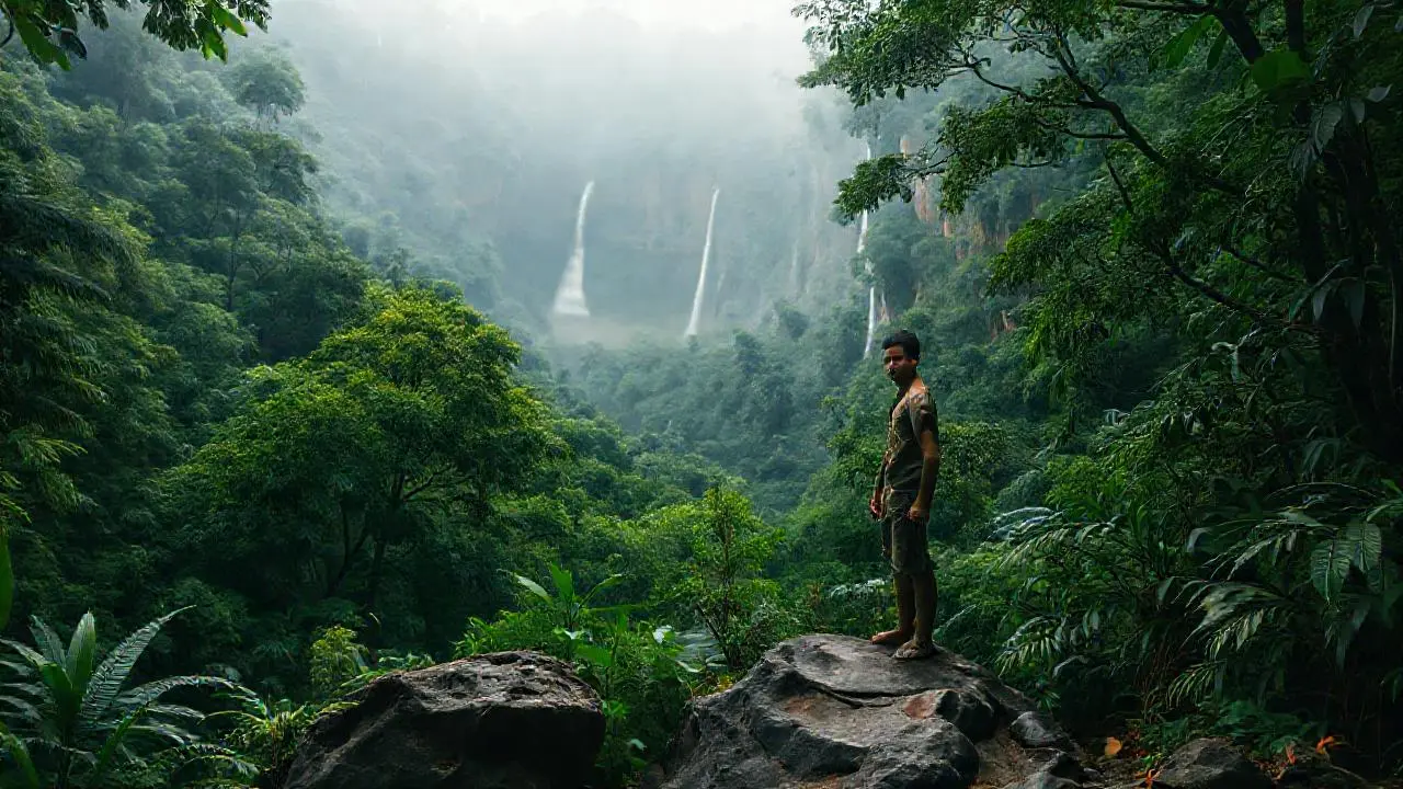 Selva exuberante, figura solitaria en la distancia