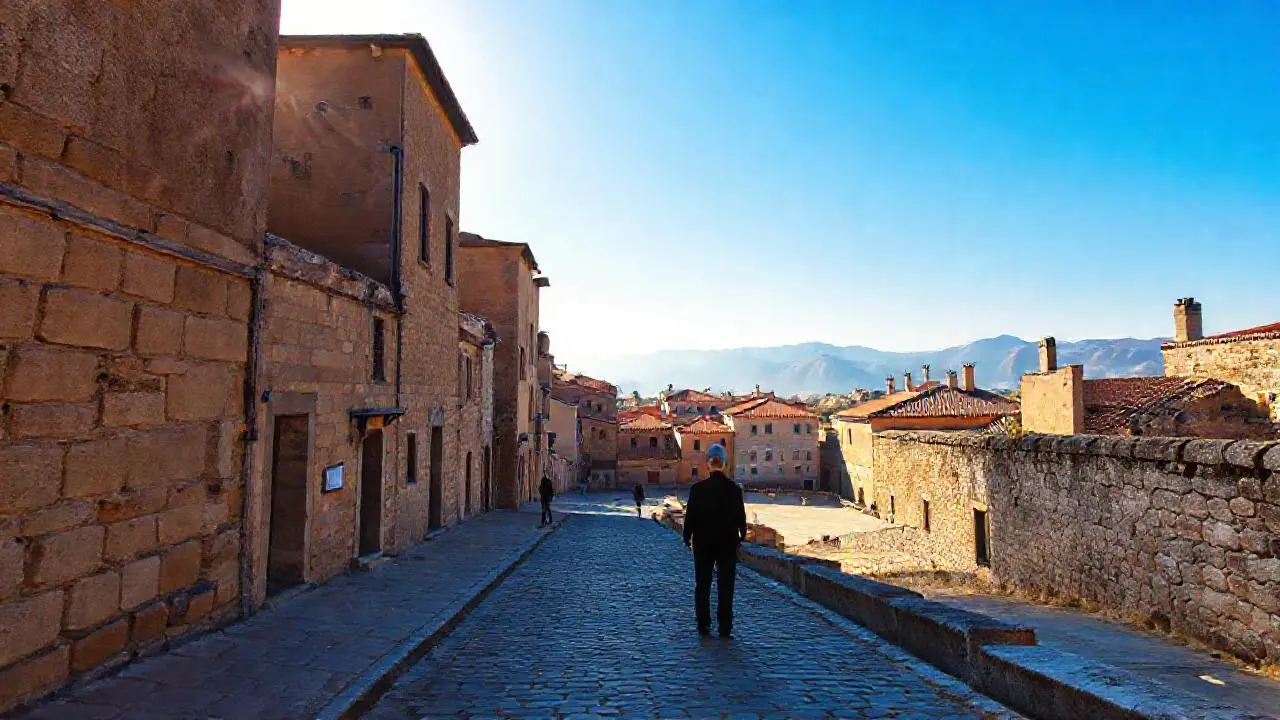 Pueblo antiguo, cálido y ligeramente brumoso