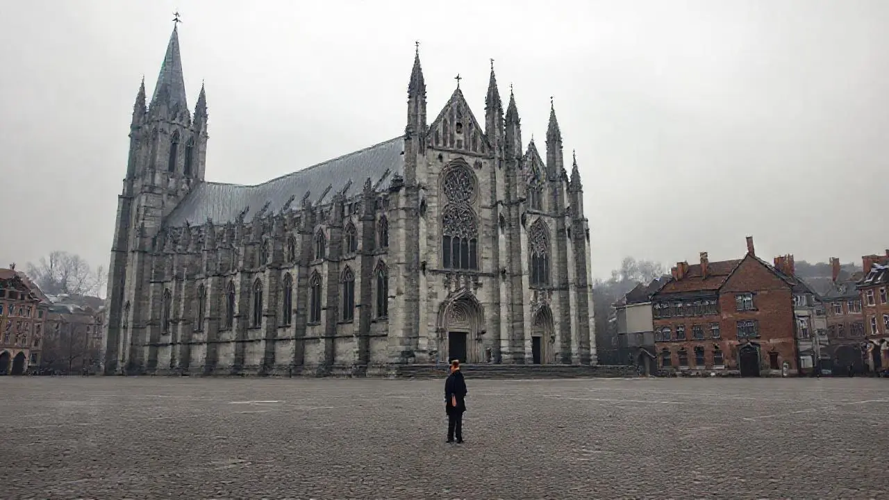 Catedral antigua en plaza urbana y brumosa