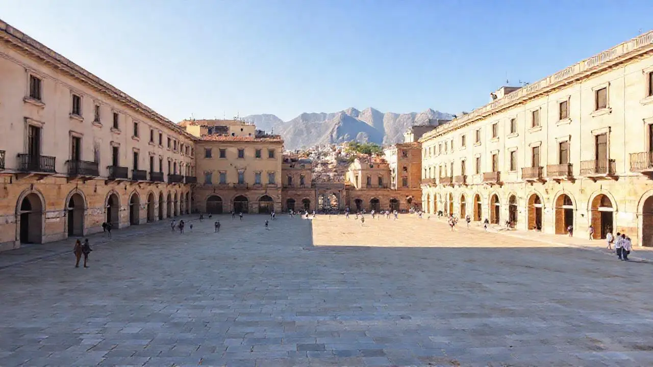 Plaza soleada, arquitectura antigua y tranquila