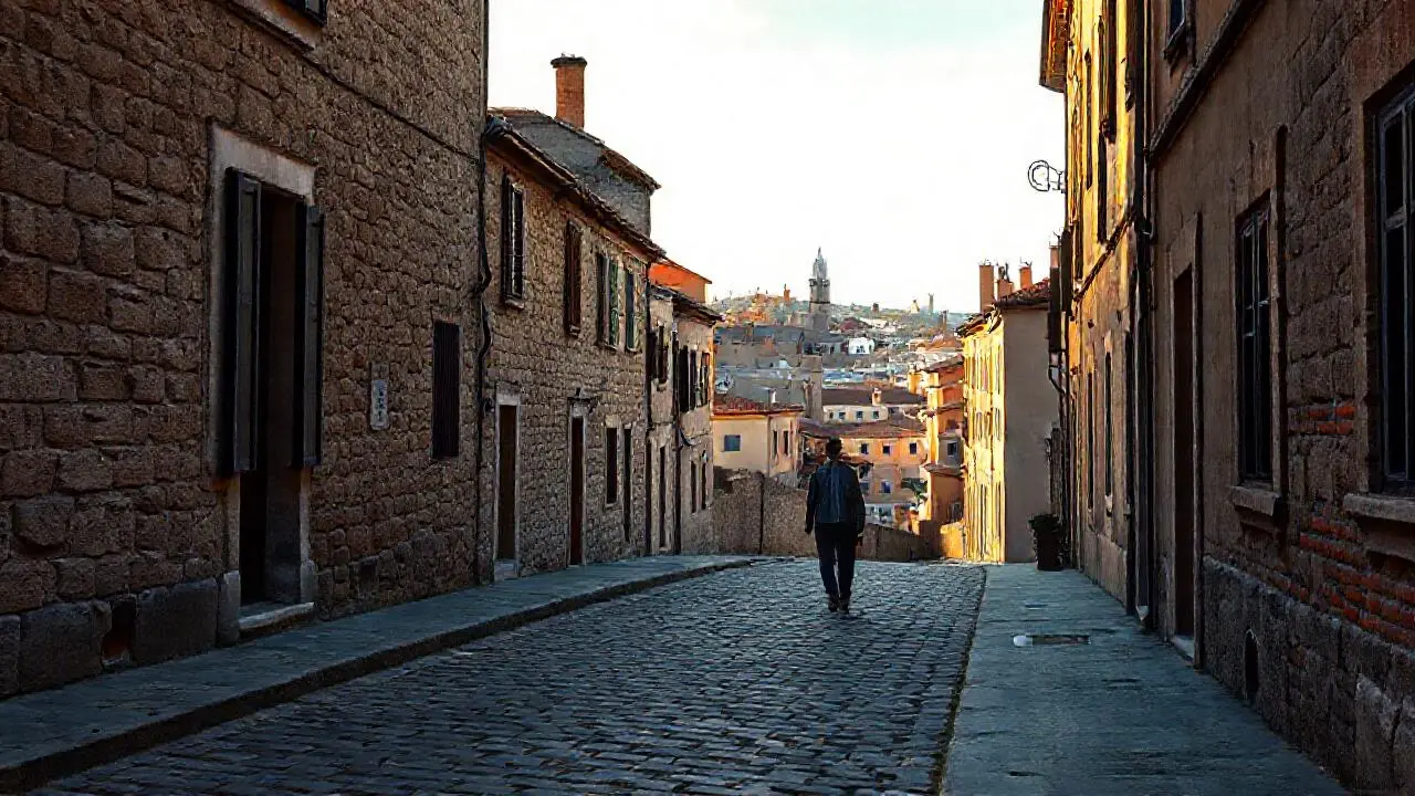 Calle antigua, luz cálida y ambiente tranquilo