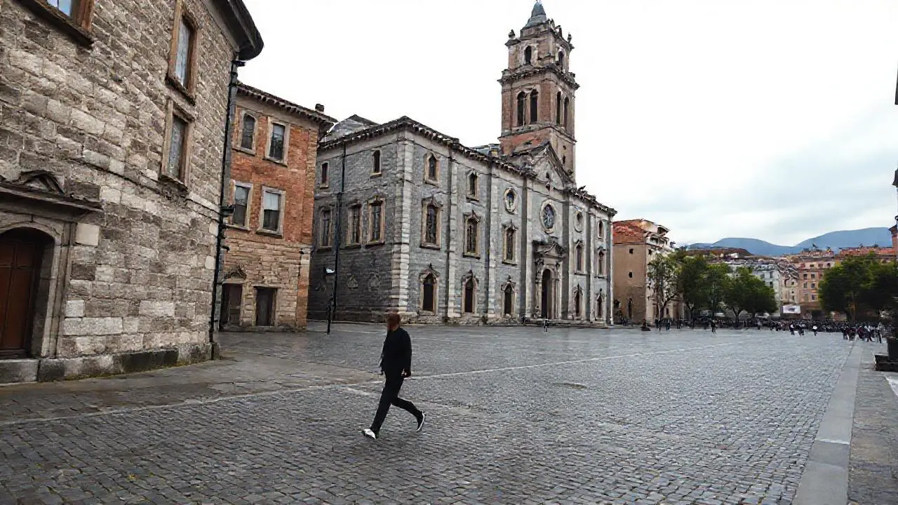 Pueblo histórico, tranquilo y ligeramente brumoso