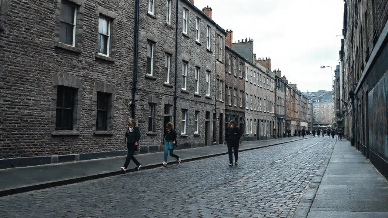 Calle urbana gris, ambiente realista y tranquilo