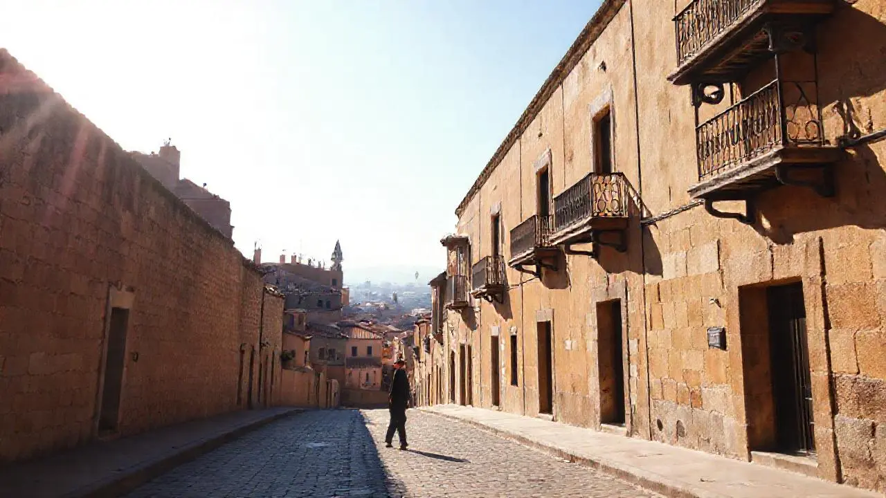 Pueblo antiguo, luz suave y atmósfera serena