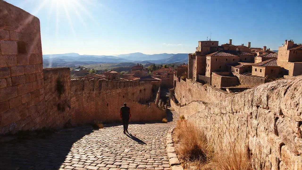 Antigua ciudad, luz cálida, serenidad palpable