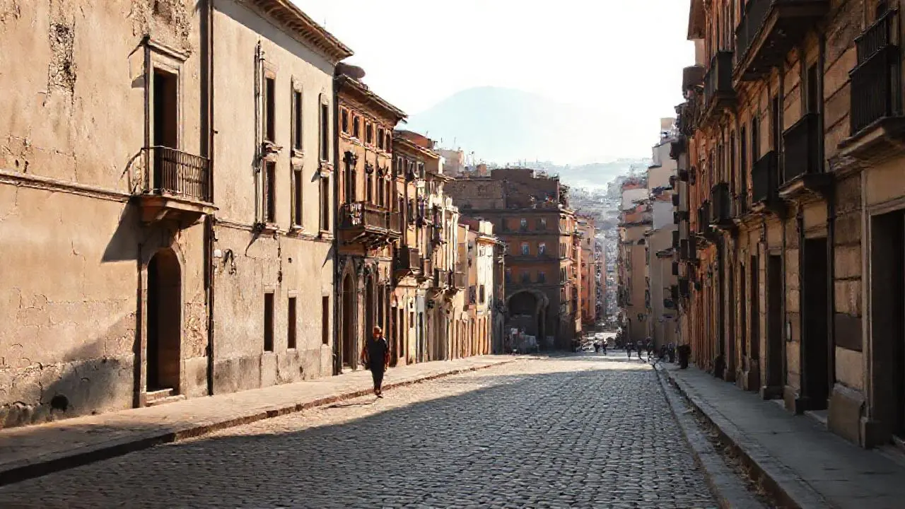 Calle antigua y luminosa, con Etna lejano