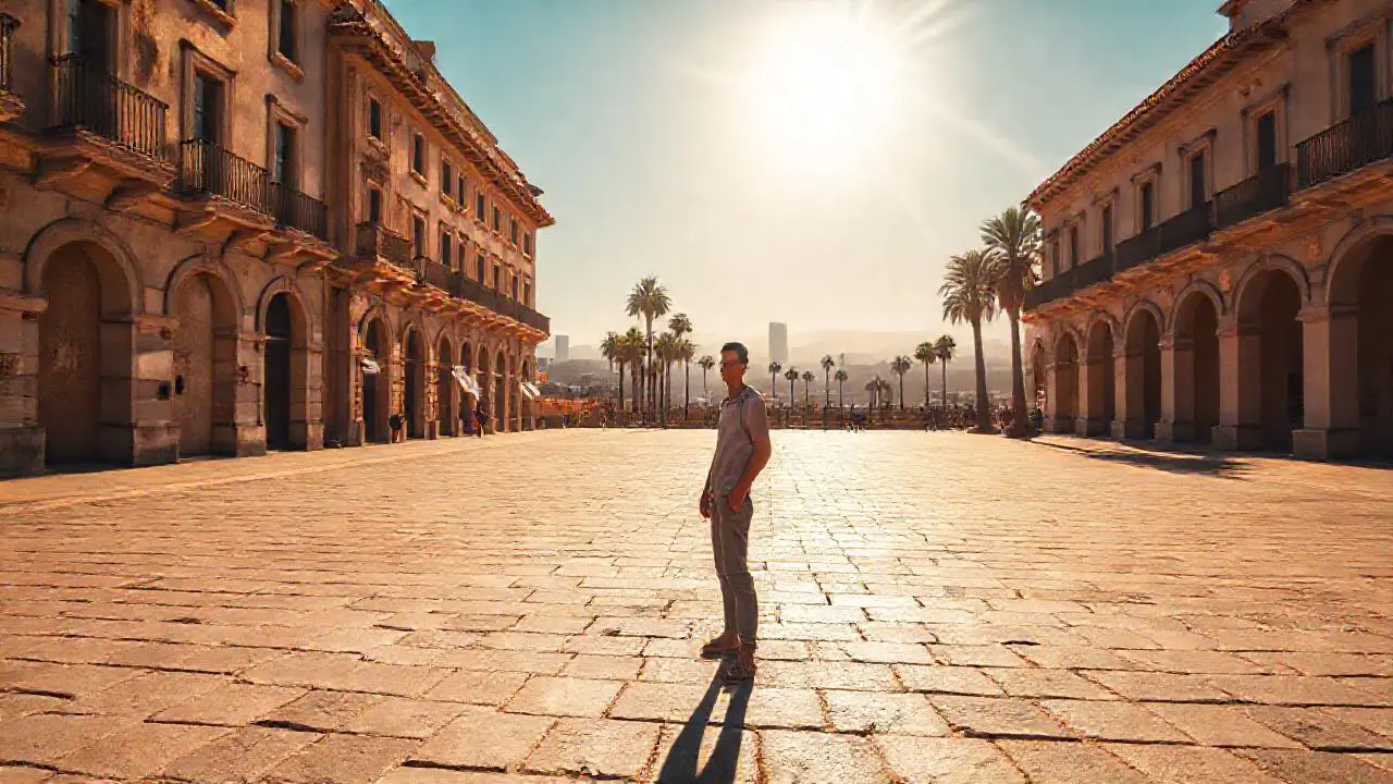Plaza soleada, arquitectura histórica y calma