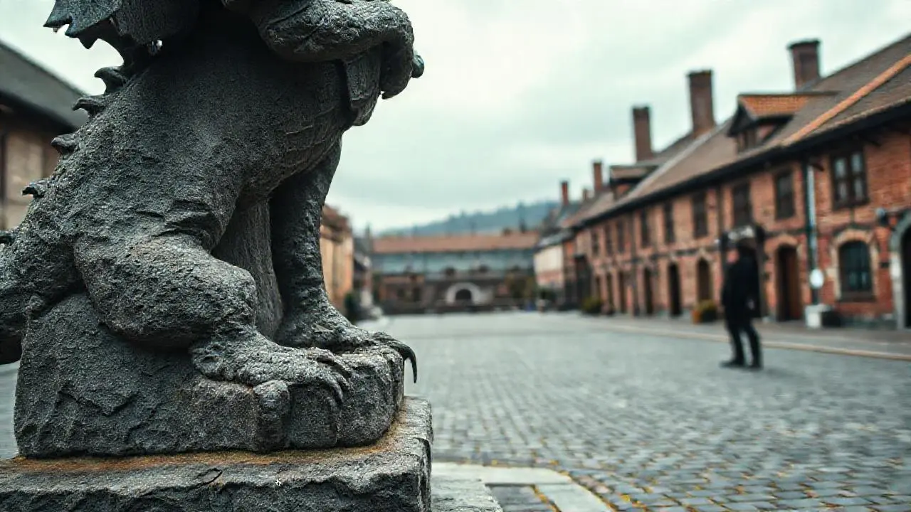 Escultura pétrea de figura imponente y dragón