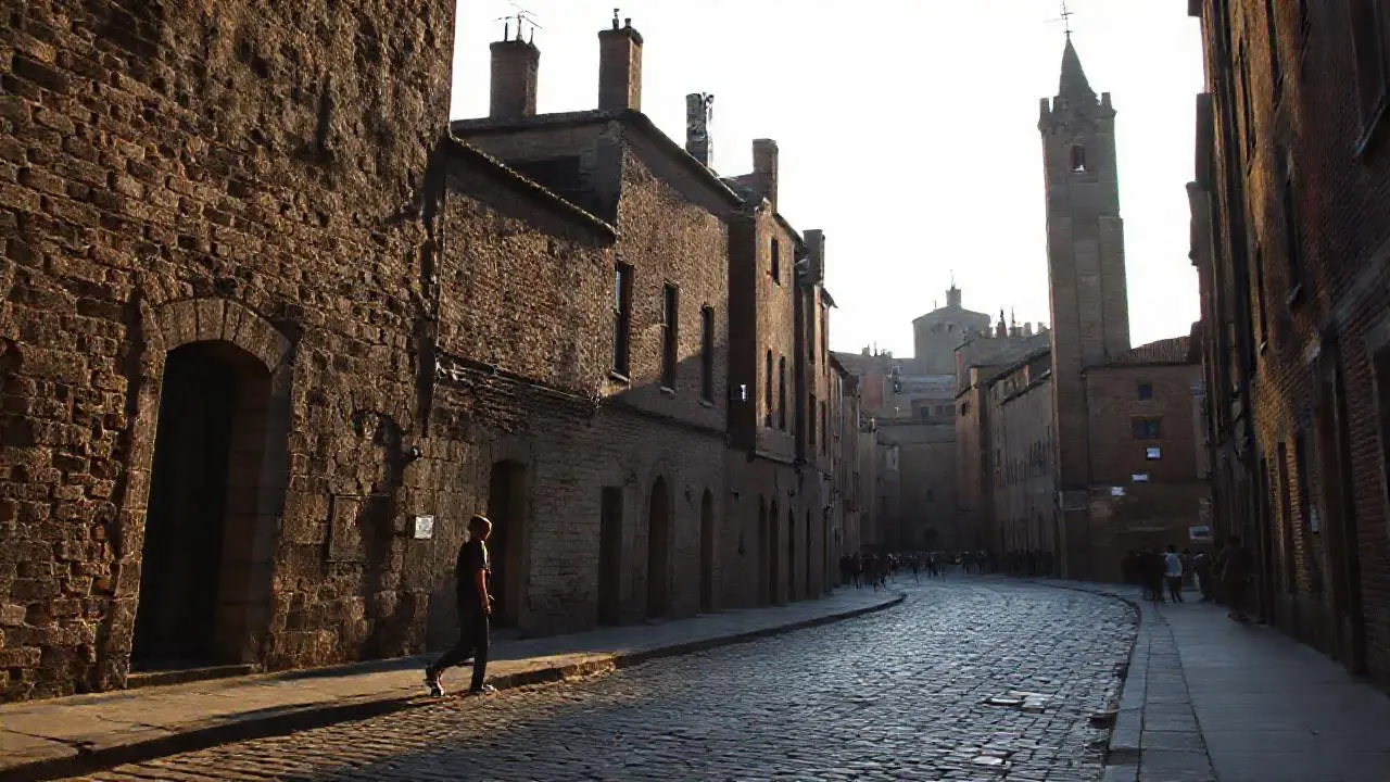 Ciudad antigua, luz suave, ambiente histórico
