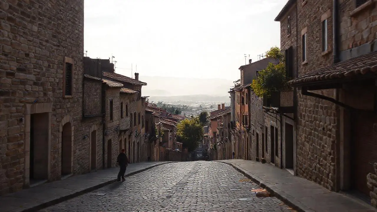 Pueblo antiguo, luz suave, atmósfera serena