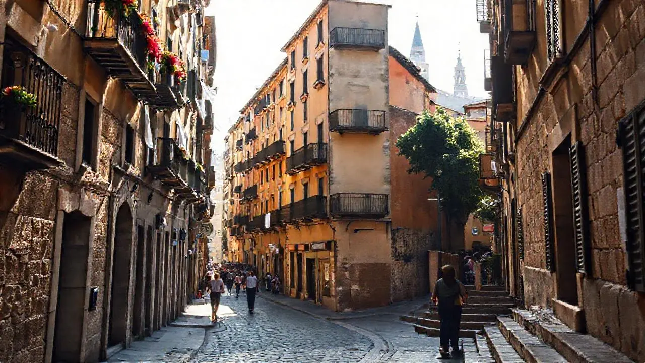 Calle antigua, cálida, llena de vida