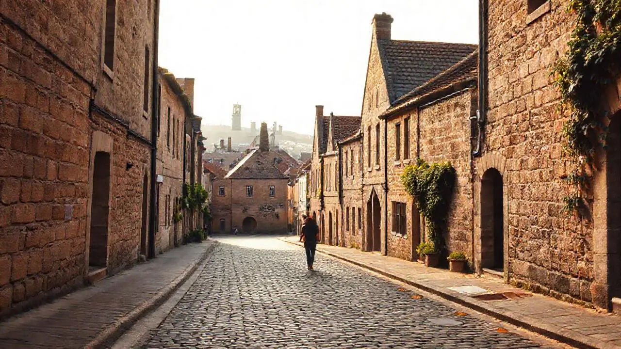 Calle medieval tranquila, luz cálida y antigua