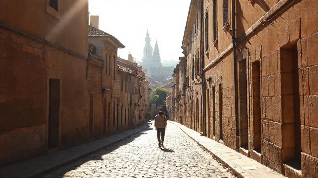 Calle antigua, luz suave y atmósfera urbana