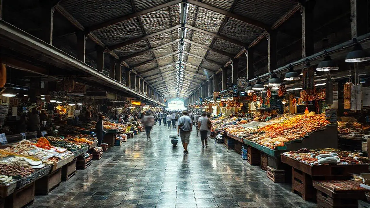 Mercado bullicioso, húmedo y lleno de vida