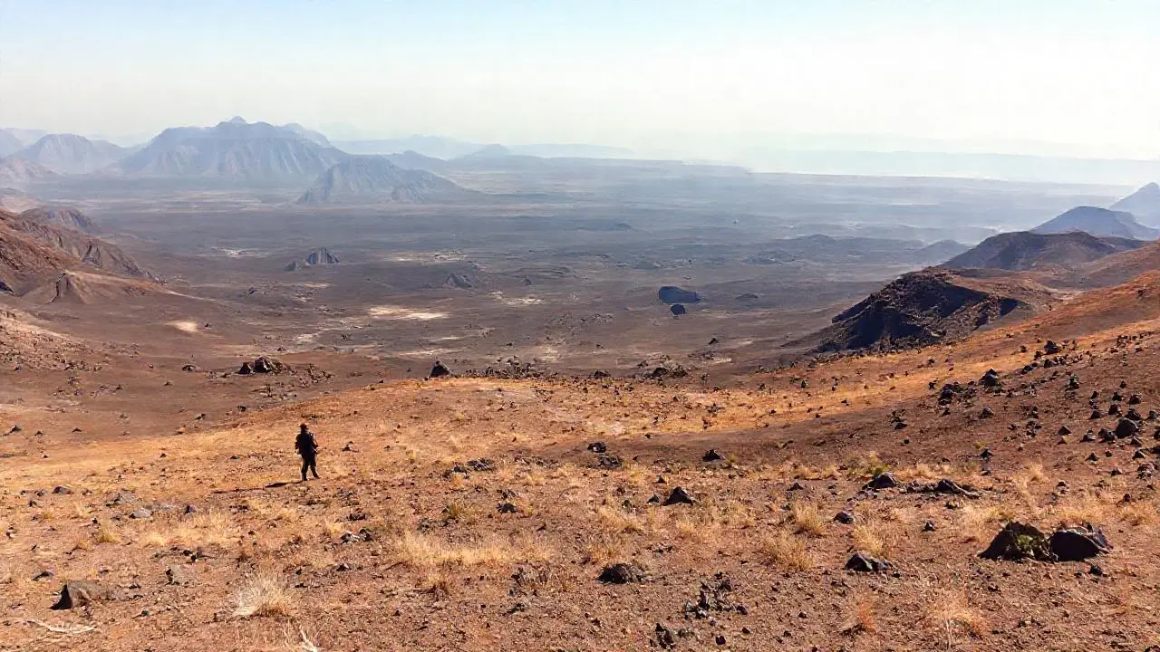 Paisaje volcánico vasto, árido y solitario