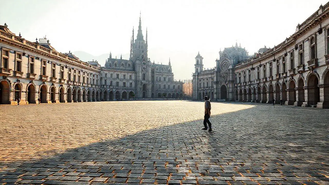 Plaza antigua, grandiosa y evocadora