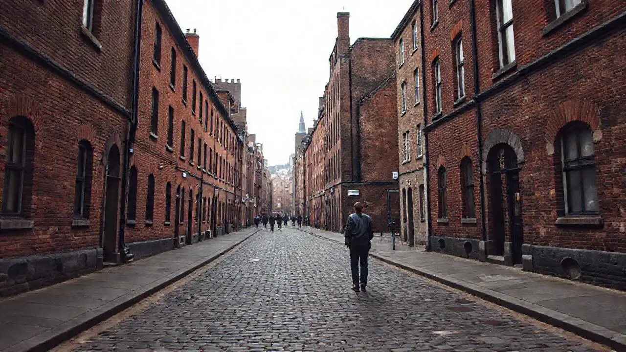 Calle antigua, edificios grises y ambiente tranquilo