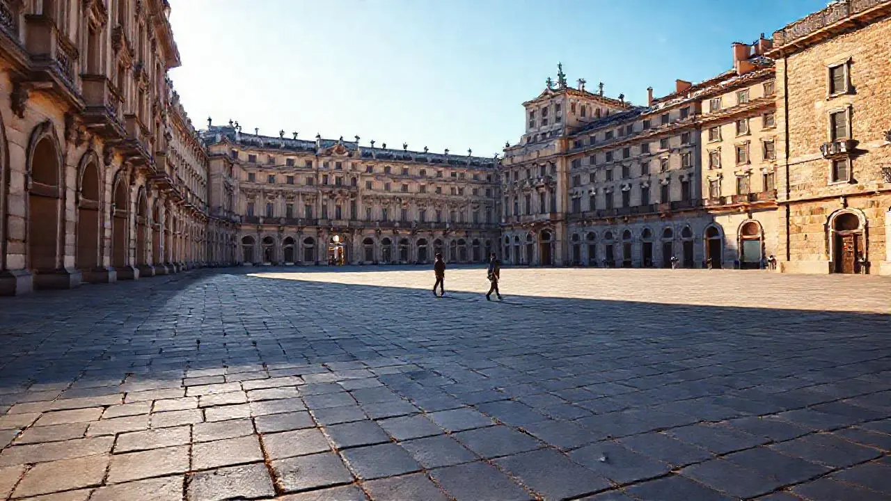 Plaza urbana, palacio barroco, luz cálida