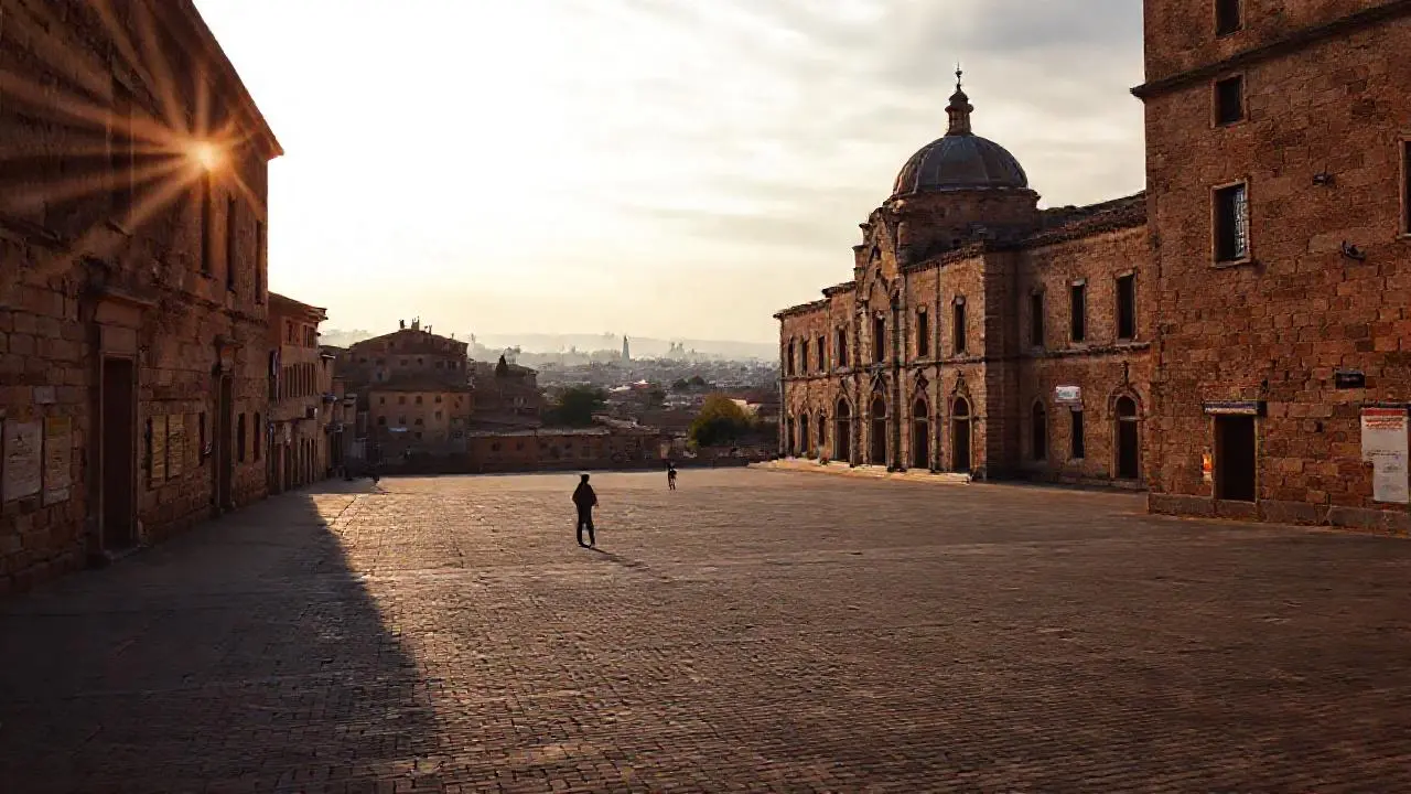 Vieja arquitectura romana bajo cielo difuso