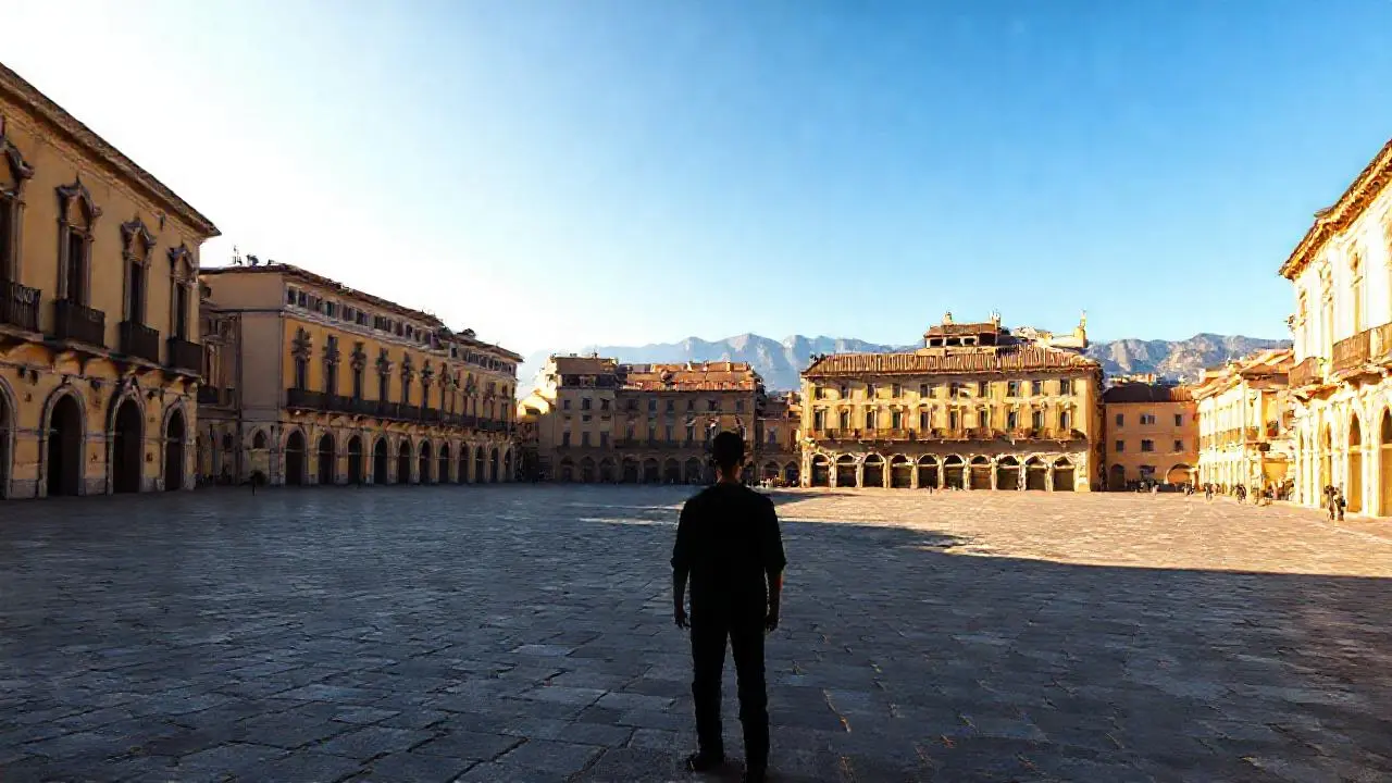 Plaza tranquila, arquitectura detallada y perspectiva amplia