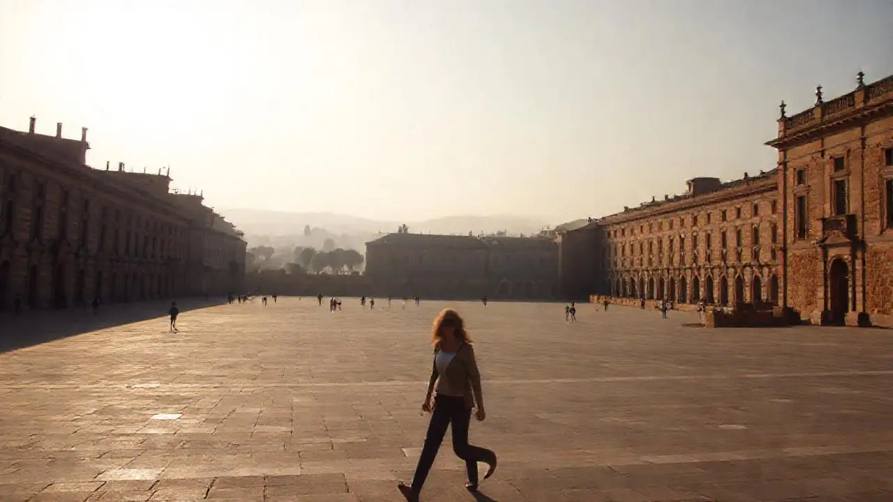 Plaza tranquila, luz suave y edificios antiguos