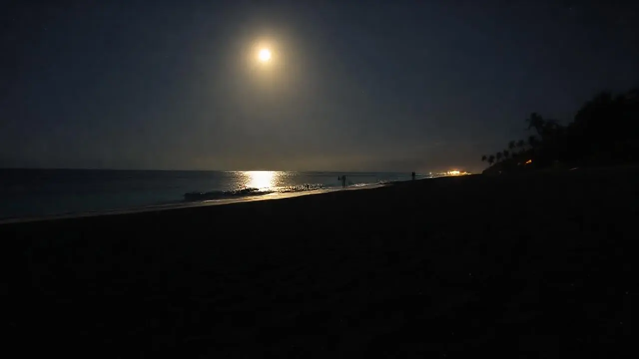 Playa tranquila bajo luz lunar cálida