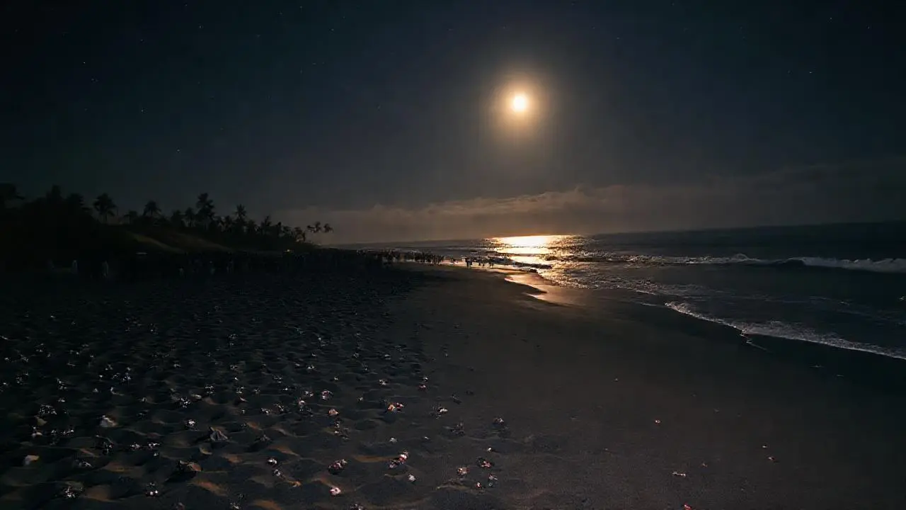 Playa tropical nocturna, amplia y serena