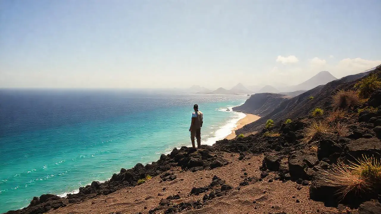 Paisaje volcánico, isla, mar y figura solitaria