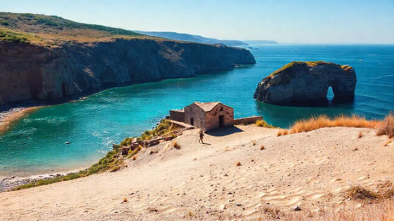 Costa serena y extensa, bañado por el sol