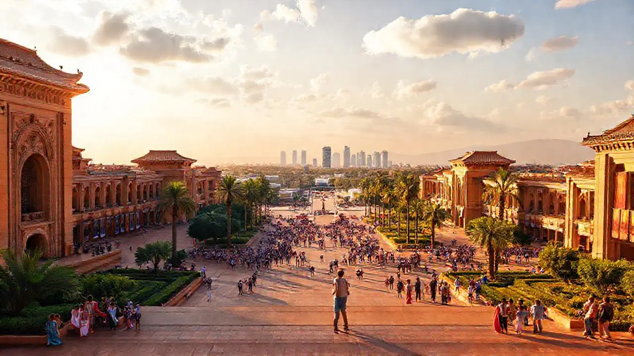 Plaza soleada, arquitectura rica y ambiente relajado