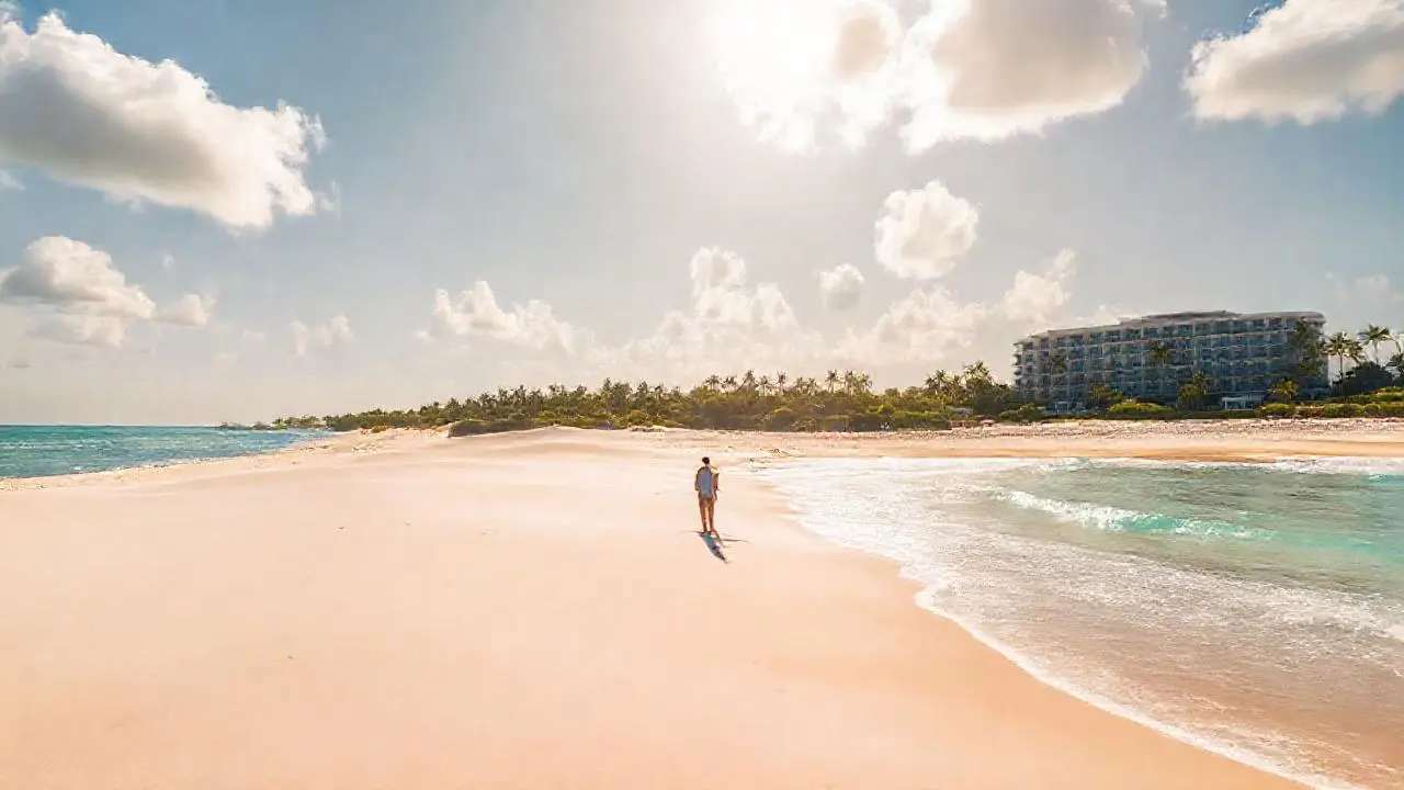 Playa tropical, luz dorada, y calma serena