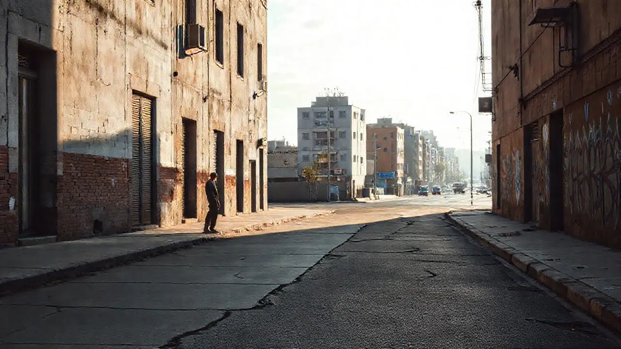 Decadencia urbana, luz tenue y atmósfera serena