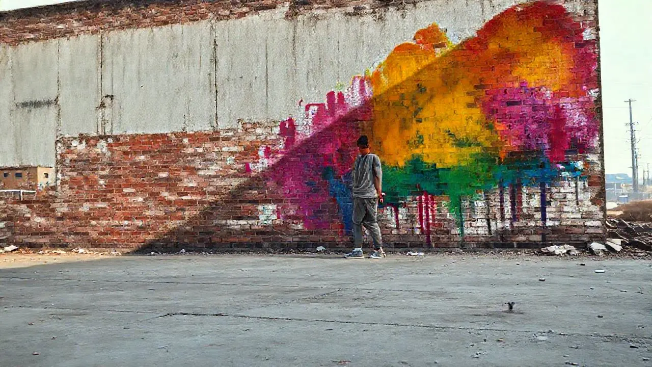 Mural urbano, ambiente polvoriento y tranquilo