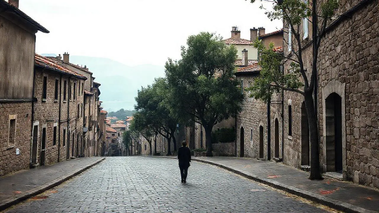 Calle antigua, tranquila, con atmósfera brumosa