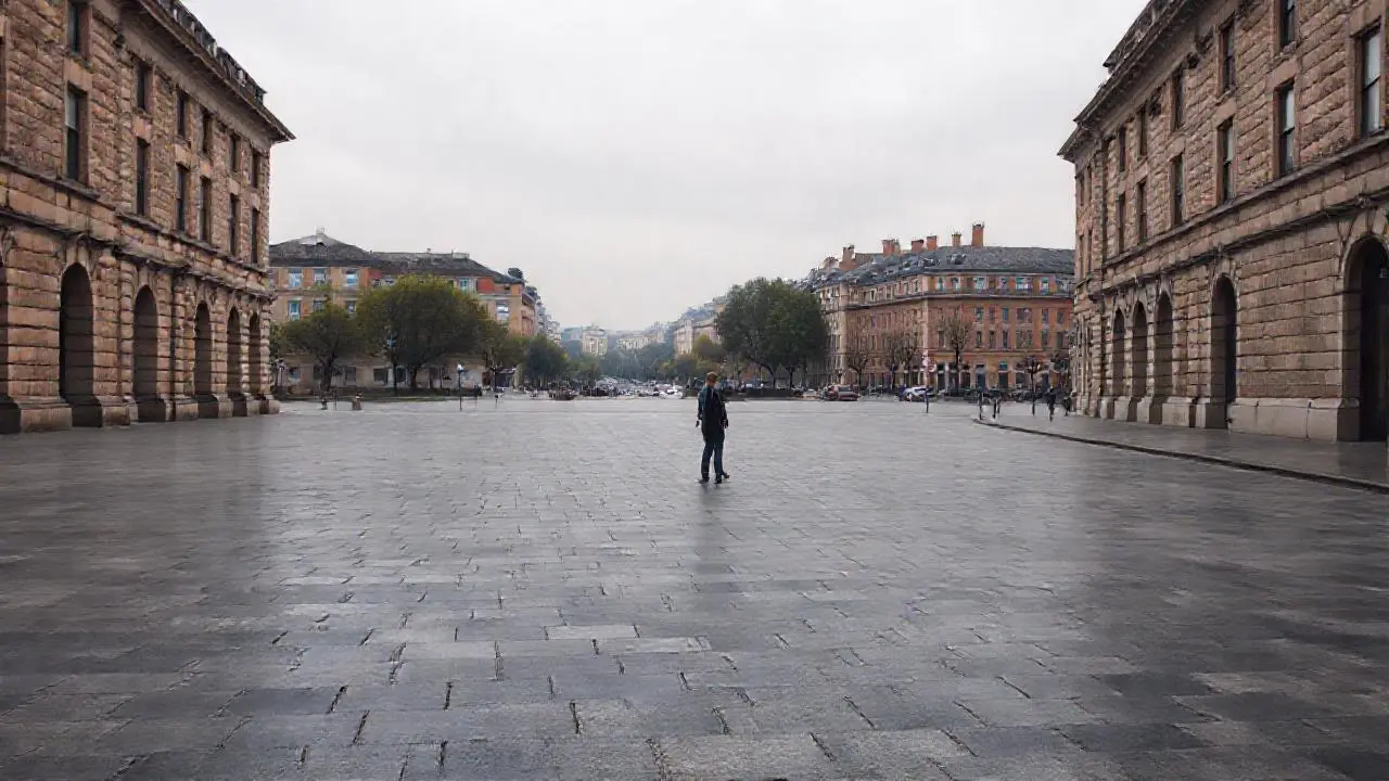Escena urbana tranquila, luz grisácea y distante