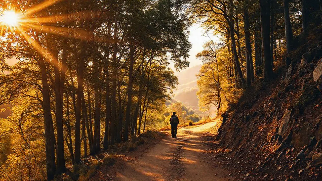 Un caminante avanza por un bosque sereno