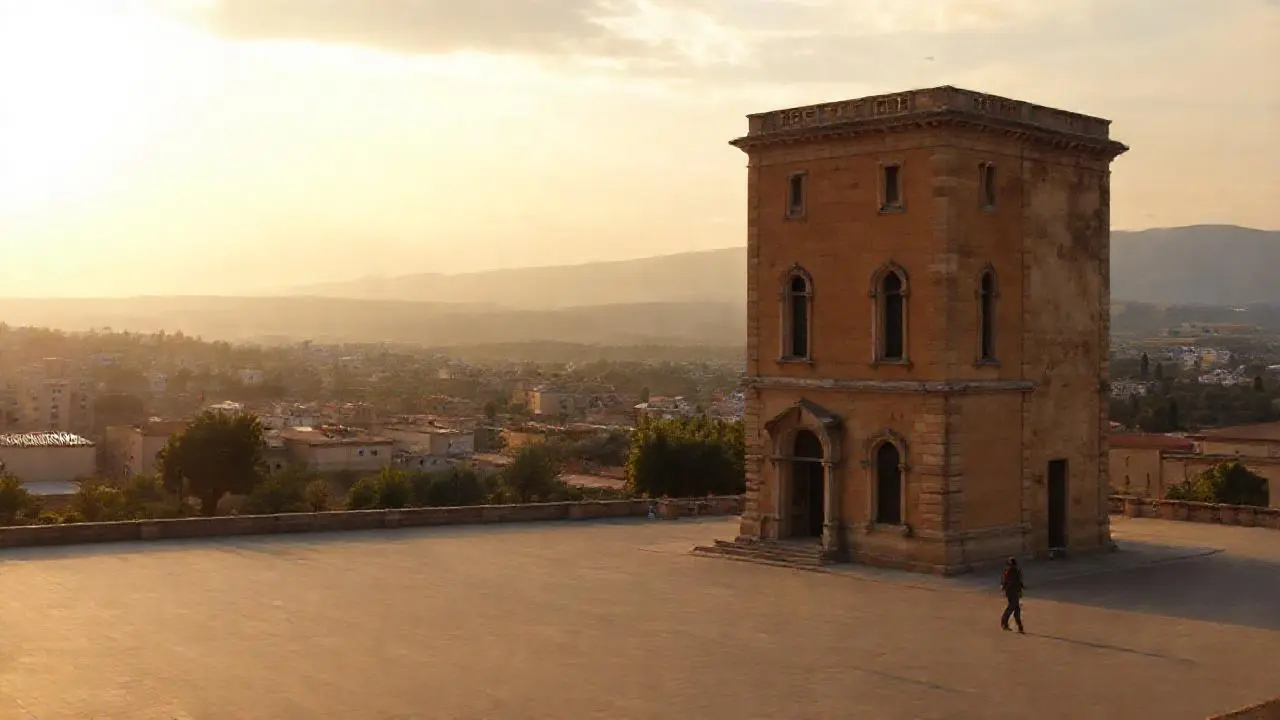 Edificio antiguo, paisaje amplio y sereno