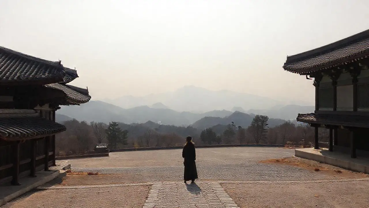 Montañas y palacio se difuminan suavemente