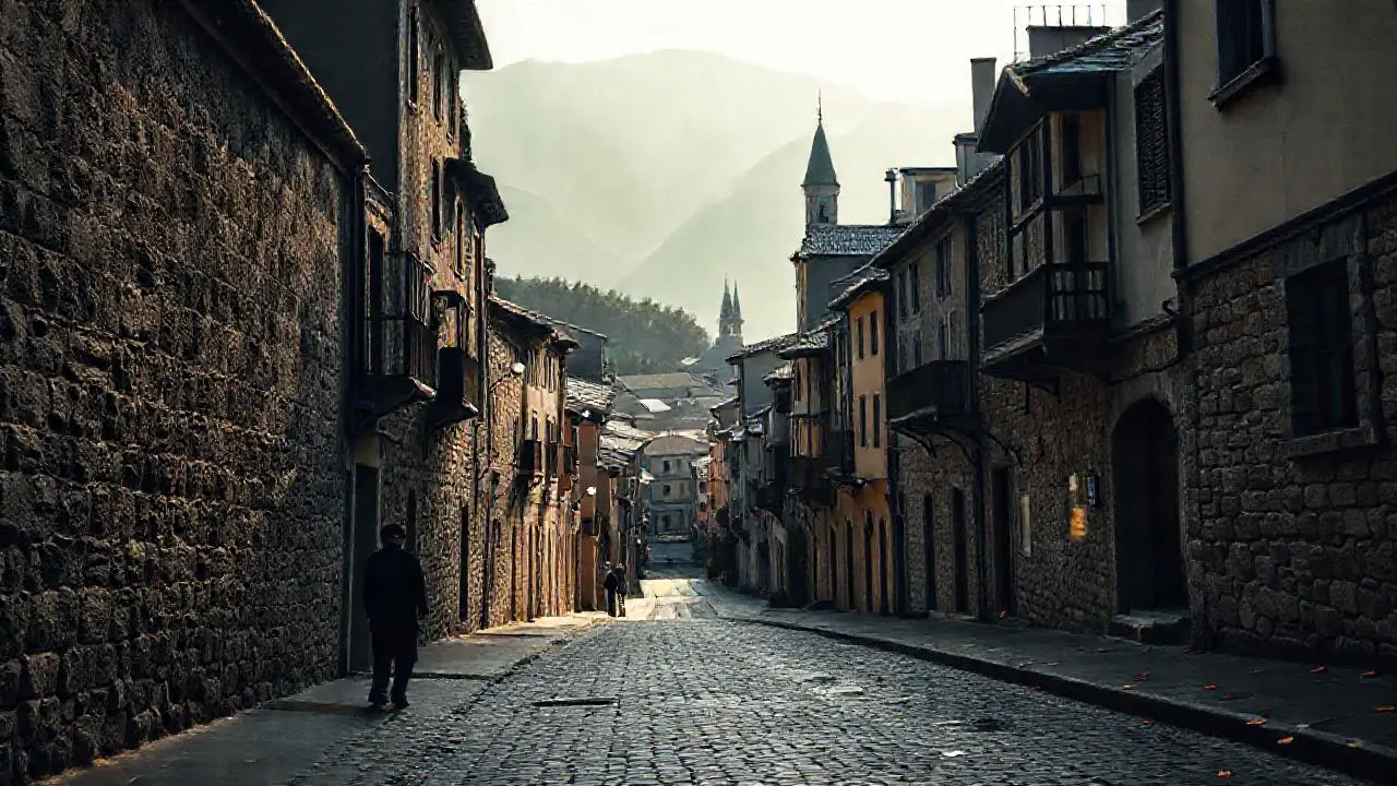 Calle antigua, brumosa y tranquila