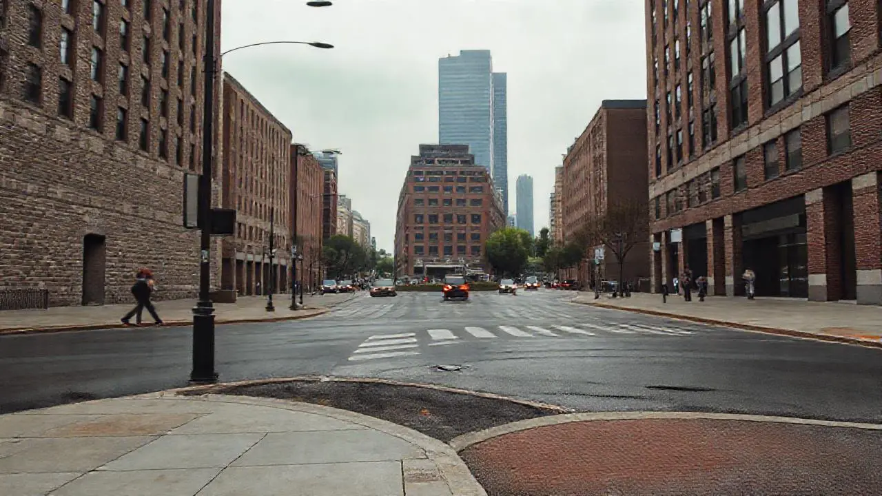 Escena urbana grisácea, amplia y difusa