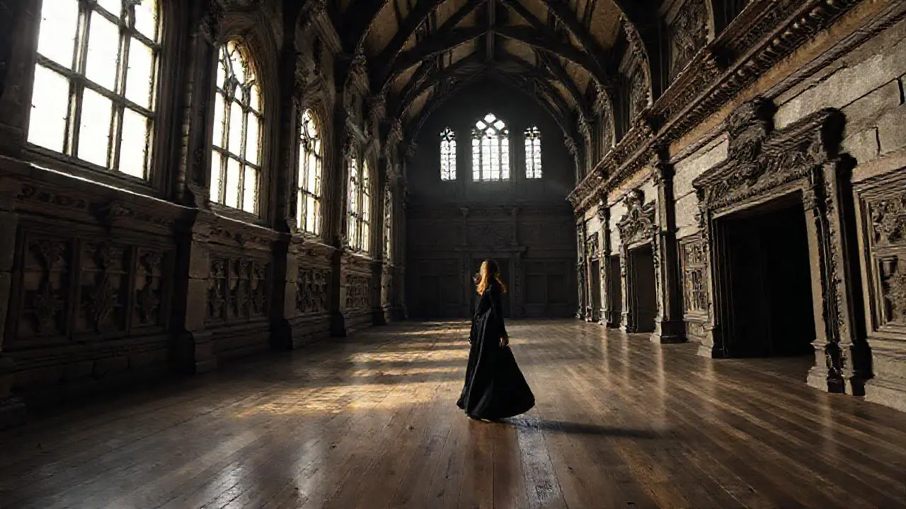 Salón antiguo, amplio, con luz tenue