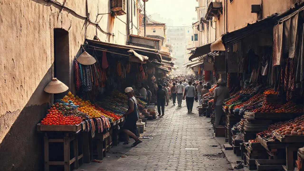 Un mercado antiguo, cálido y polvoriento