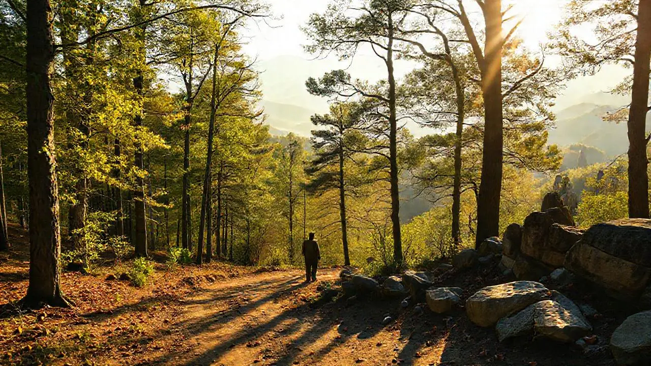 Bosque soleado, sendero y figura distante