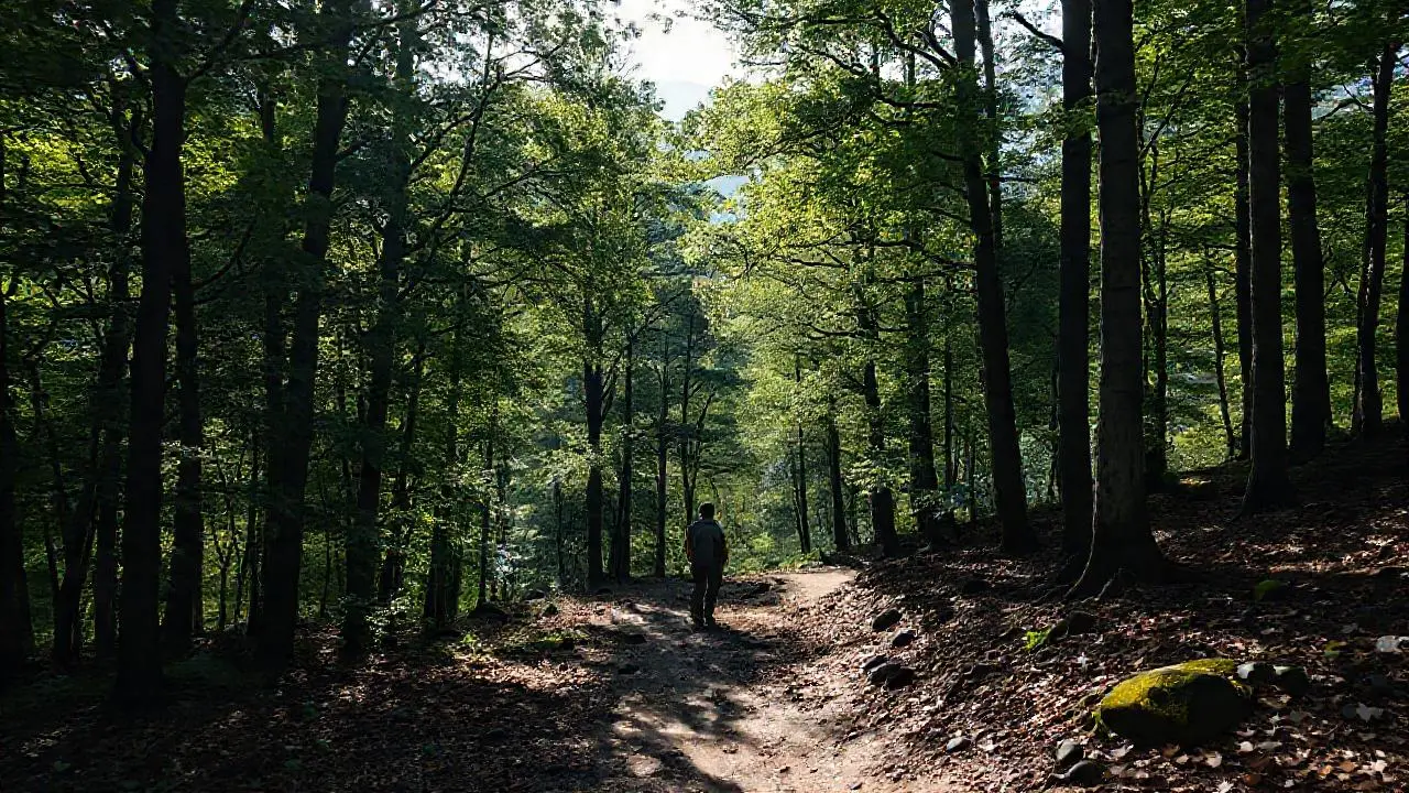 Bosque frondoso, camino sinuoso y figura solitaria