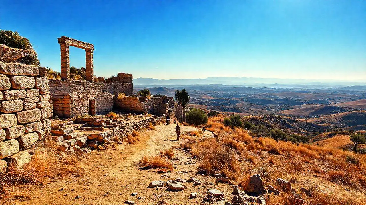 Ruinas antiguas, paisaje vasto y sereno