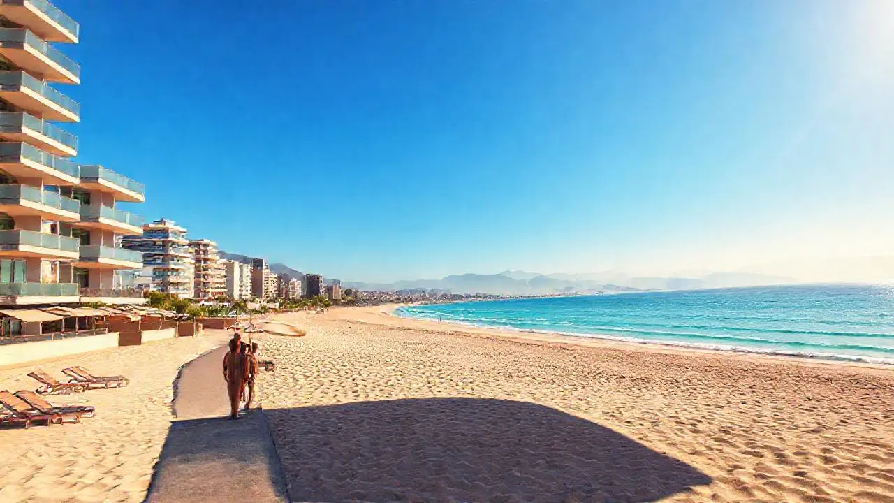 Escena costera urbana, luminosa y relajada