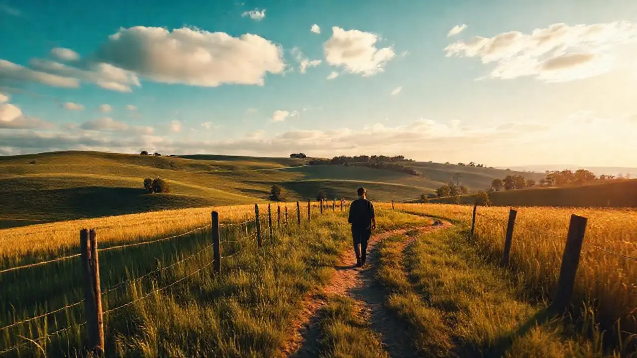 Campo ondulado, luz suave, figura distante