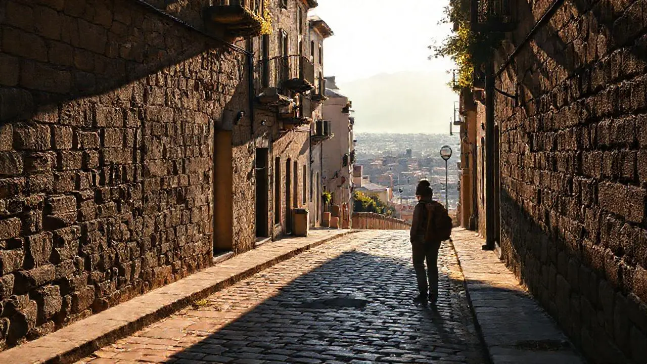Paseo urbano tranquilo, luz cálida y lejana